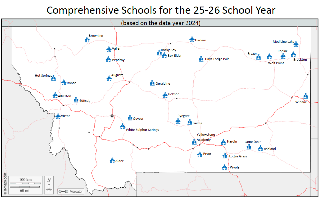 Map of Comprehensive Schools for the 2025-26 school year, based on data year 2024. School districts on this map are: Wyola, Yellowstone Academy, Box Elder, Hobson, Hot Springs, Geraldine, Geyser, Rocky Boy, Ronan, Valier, Augusta, Browning, Harlem , Hays-Lodge Pole, Pendroy, Wolf Creek, Hardin, Lavina, Lodge Grass, Pryor, Wibaux, Alberton, Alder, Ashland, Lame Deer, Ryegate, Sunset, Victor, White Sulphur Springs, Brockton, Frazer, Medicine Lake, Poplar, Wolf Point