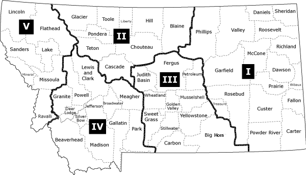 Map of Montana showing the five CSPD regions. Regions are described after this image