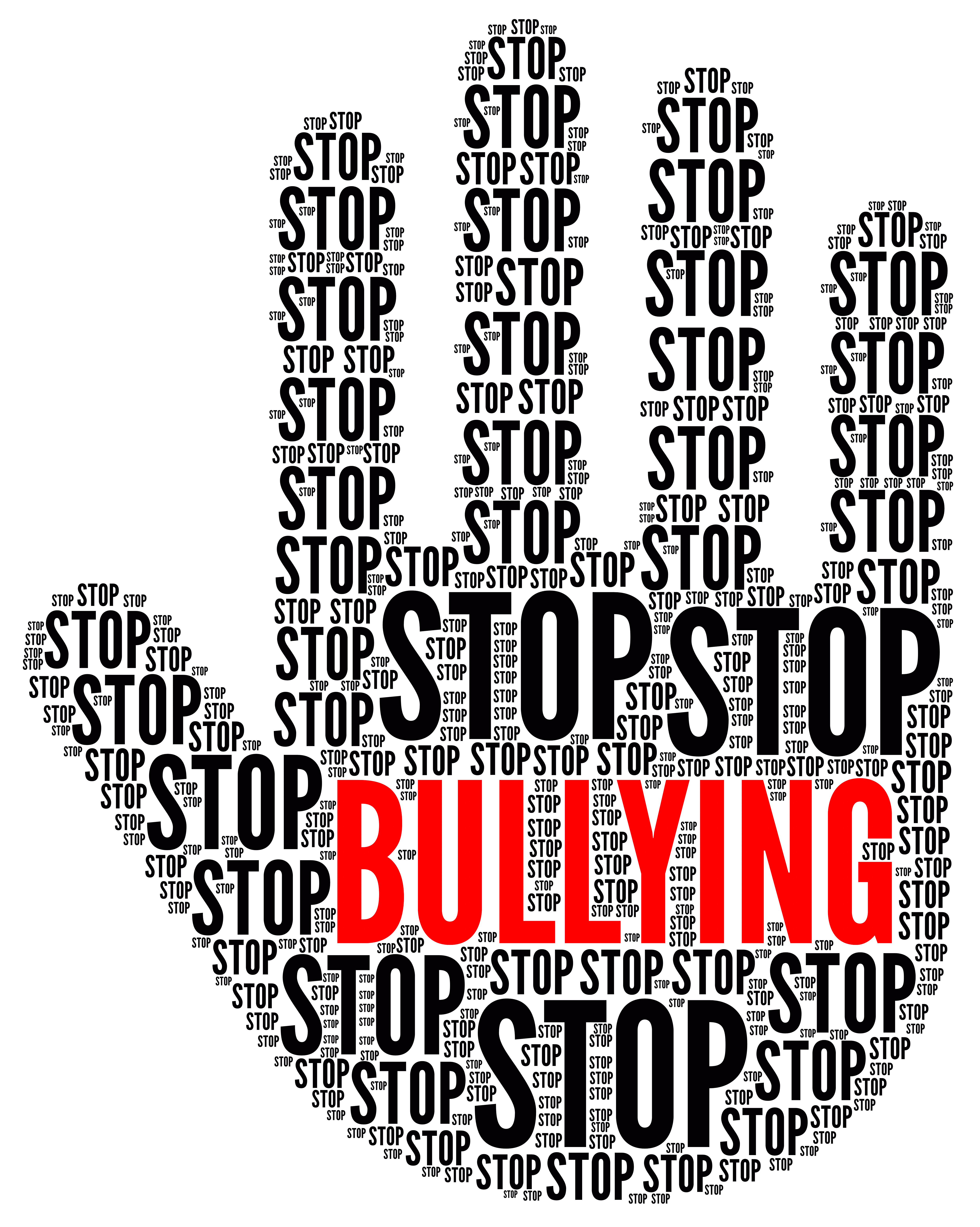 silhouette of a hand made by the word 'Stop' being repeated hundreds of times in various sizes, with the words 'Stop Bullying' in large print on the palm