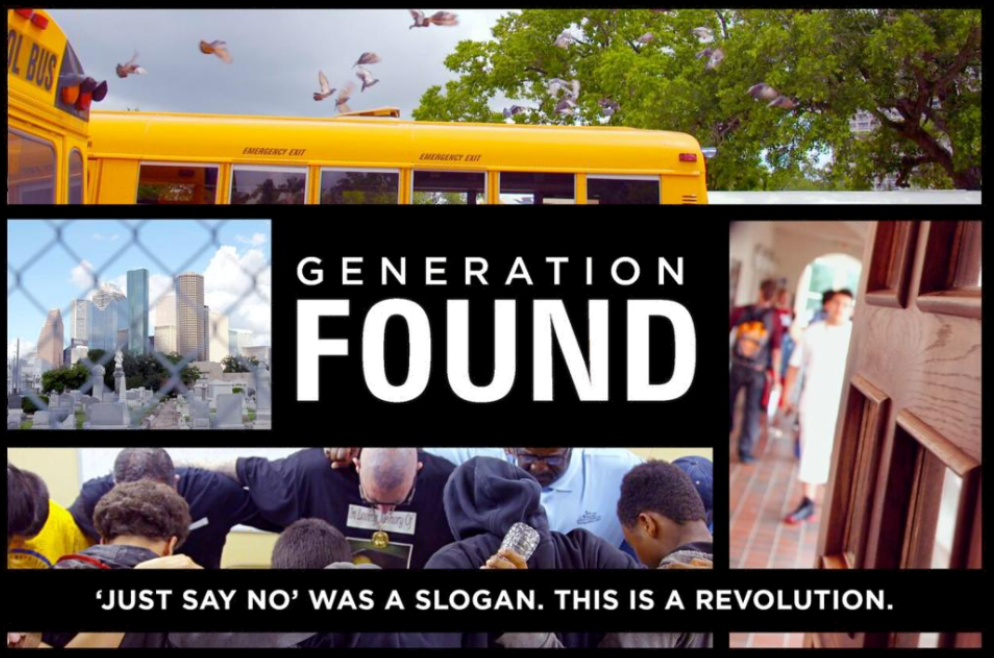 Students near a school bus, in a circle, and walking through halls; links to the Generation Found film website.