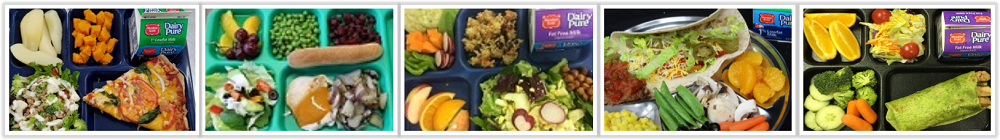 Five images of different school lunches from different schools in Montana