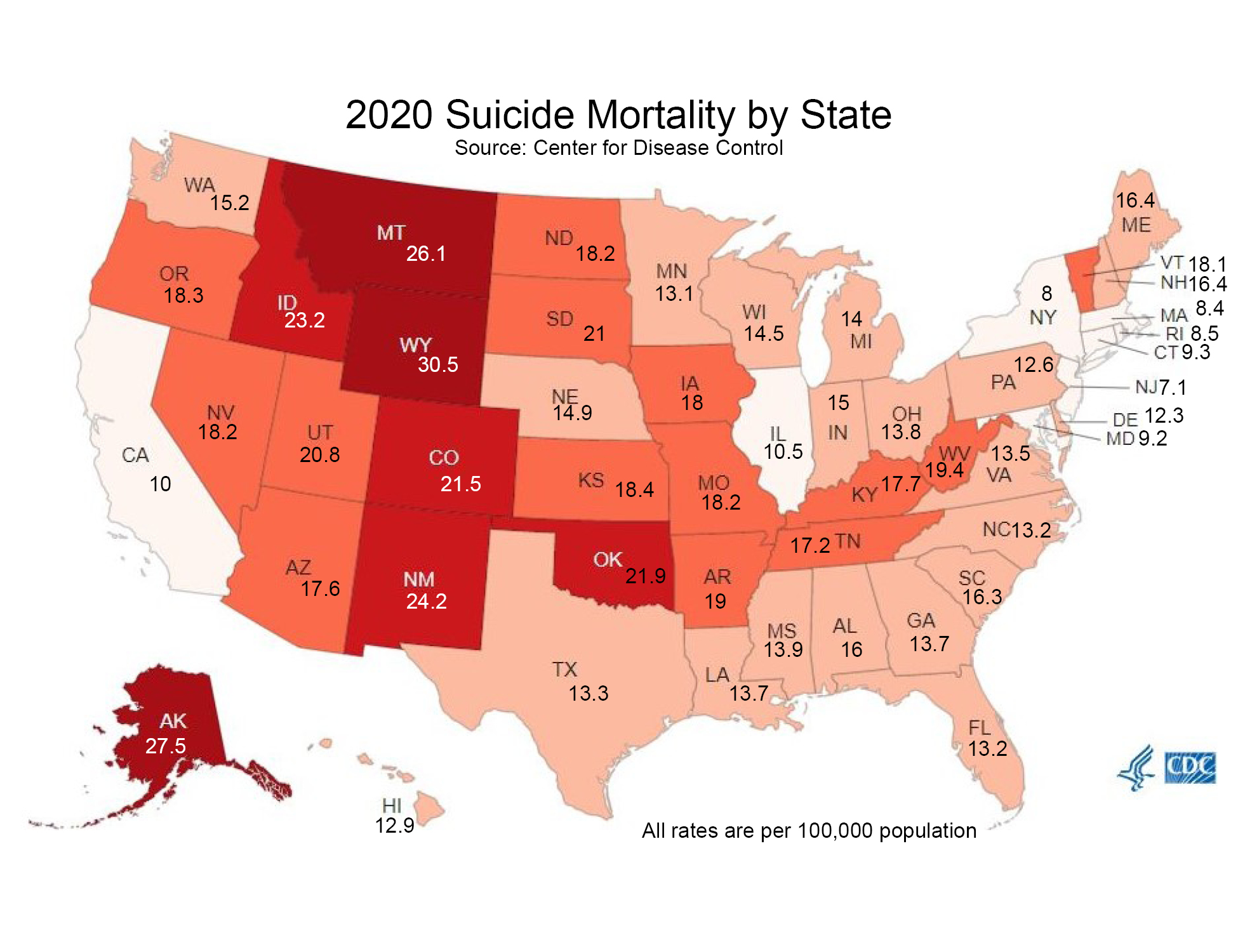 Map showing 2020 suicide mortality rates per 100,000 people by state; Montana is among the highest.